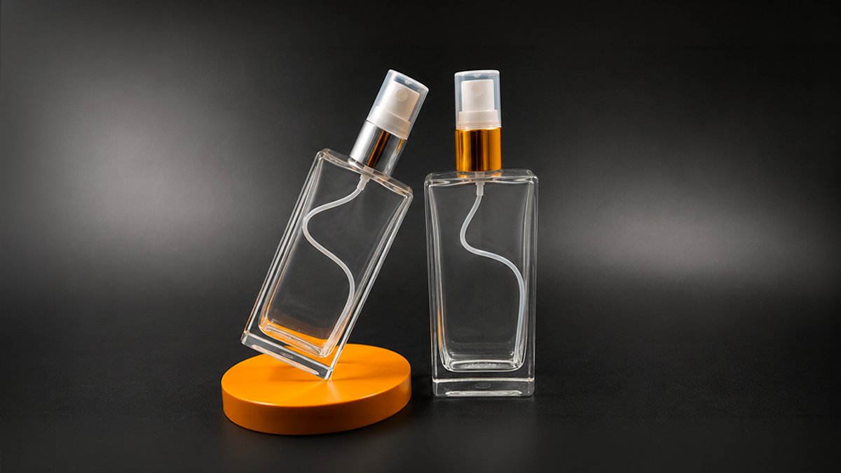 Frasco Flat de 60 ml y frasco cuadrado de 100 ml para perfumes con atomizadores premium